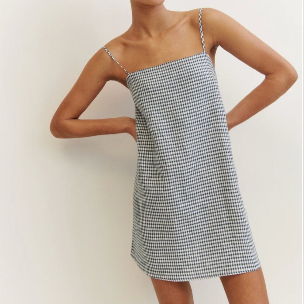 Reformation Aubree Linen Dress in Slate Check (M)